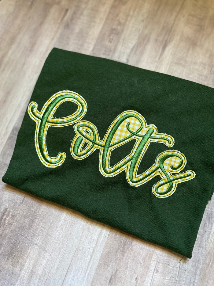 Forest Green School Spirit Shirt with Gingham Applique -"Colts"